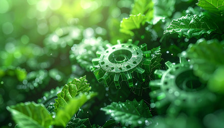 Intricate mechanical gears emerge from vibrant green leaves, bathed in soft sunlight. This image symbolizes the perfect synergy between industry and nature, representing concepts of sustainable innovation, eco-friendly engineering, and a future where technology supports environmental harmony.の素材
