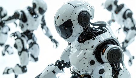 In a sterile, high-tech environment, a squad of advanced humanoid androids advances with purpose. This 3D rendering captures a moment of synchronized action, symbolizing the future of artificial intelligence, teamwork, and technological progress.の素材