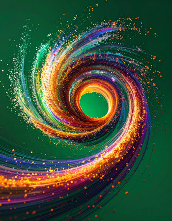 A brilliant vortex of multicolored light and sparkling particles spirals through space, creating a dynamic and energetic wave of creative power. This abstract visual represents the flow of data, innovation, and cosmic energy against a deep green backdrop.の素材