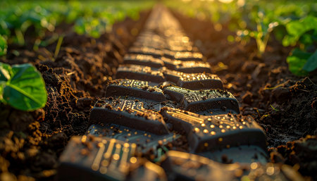 A deep tractor tire track marks a path through a fertile field of young green sprouts. Bathed in the warm, golden light of a setting sun, the image captures the essence of a days hard work in agriculture, symbolizing progress, growth, and the journey from seed to harvest.の素材