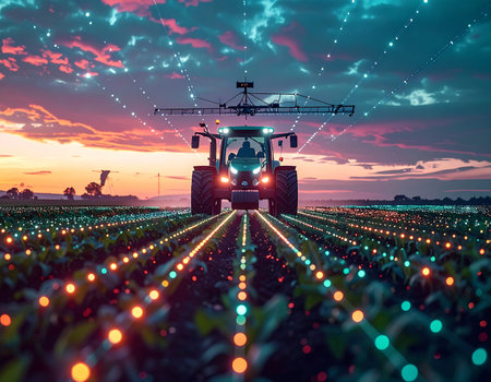 As a vibrant sunset gives way to a starlit sky, an autonomous smart tractor navigates a field of the future. Glowing data points on each plant represent real-time information, showcasing the power of AI and IoT in precision agriculture for a more sustainable and efficient food production system.の素材