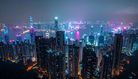 An electrifying aerial view captures the heart of a futuristic metropolis, where towering skyscrapers are bathed in a vibrant neon glow. The city pulses with data and energy, a testament to modern innovation and the relentless pace of urban life after dark.の素材