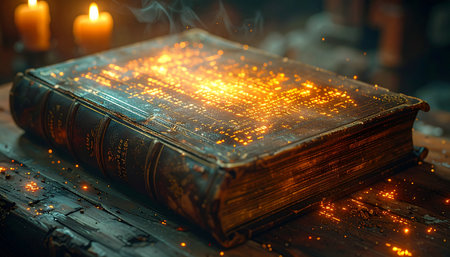 In a forgotten library lit only by candlelight, an ancient grimoire awakens. Fiery runes and magical embers smolder on its leather cover, releasing centuries of stored power and forbidden knowledge. A wisp of smoke hints at the potent spells contained within, waiting for a worthy sorcerer to unlock its secrets.の素材