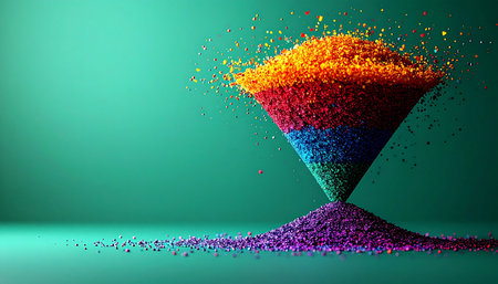 A dynamic vortex of vibrant, multicolored powder explodes with creative energy. This abstract image represents the process of transformation, where chaotic particles are focused and filtered into a single, concentrated point, symbolizing ideas, data analysis, or creative innovation against a clean, modern background.の素材