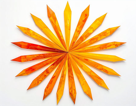 A vibrant explosion of autumn color, with fiery orange and yellow leaves meticulously arranged in a radiant sunburst pattern. This minimalist flat lay on a clean white background evokes feelings of warmth, energy, and the beautiful, cyclical change of seasons.の素材