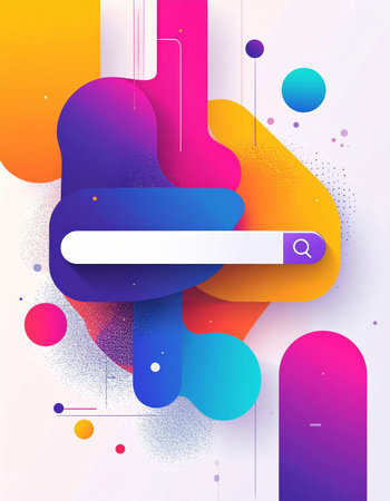 An abstract digital landscape comes to life with vibrant, flowing liquid shapes in a spectrum of colors. At the center, a clean, modern search bar invites users to begin a journey of discovery, symbolizing the seamless connection between curiosity and information in the digital age. This illustration represents innovation, data exploration, and the dynamic nature of online searching.の素材
