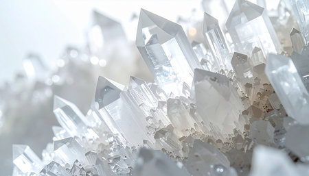 A stunning macro photograph captures the intricate beauty of a natural quartz crystal cluster. Bathed in soft, bright light, the sharp, geometric points create an ethereal and serene abstract background, evoking feelings of purity, healing, and natural wonder.の素材