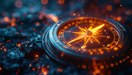 In a world of complex data and endless possibilities, a mystical, glowing compass emerges from the digital ether. Its needle, burning with purpose, points the way forward, offering clear direction and strategic guidance through the technological frontier. A symbol of innovation, vision, and finding ones true path in the future.の素材