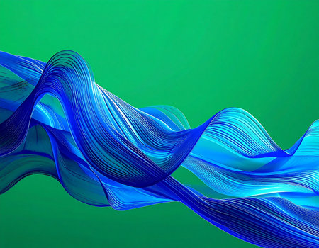 A dynamic stream of translucent blue energy flows gracefully across a vibrant green background. This abstract design evokes concepts of digital innovation, data transmission, and futuristic technology, making it an ideal backdrop for modern presentations and creative projects.の素材