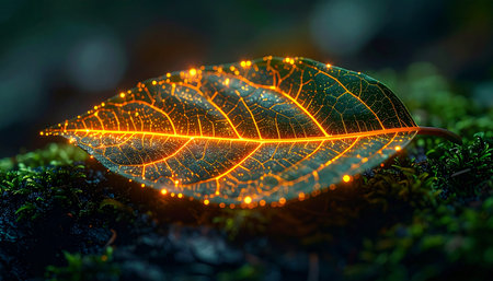 In a hidden, mossy corner of a futuristic forest, a single leaf reveals its inner life. Luminous energy flows through its veins like a digital network, symbolizing the perfect synergy between natures ancient wisdom and technological innovation.の素材