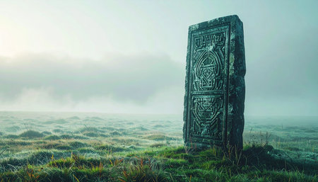 A solitary, ancient monolith, covered in forgotten carvings, stands as a silent sentinel in a vast, misty landscape at dawn. Its weathered surface whispers tales of mythology, magic, and a long-lost civilization, evoking a sense of mystery, history, and epic adventure.の素材