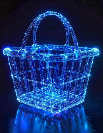An empty shopping basket, constructed from glowing blue light and data points, hovers in a dark digital space. It represents the limitless potential of e-commerce, the future of online retail, and the seamless integration of technology into our consumer lives.の素材