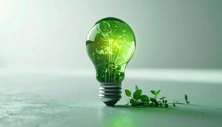 A single lightbulb glows with green energy, symbolizing a brilliant idea for a cleaner future. A small sprout grows beside it, representing the tangible growth that comes from eco-conscious innovation and the fusion of technology with nature.の素材