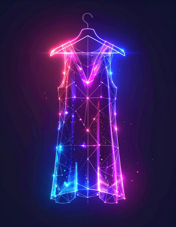 A vision of future retail and style, this dress is woven from glowing neon light and data connections. Hanging in a virtual space, it represents the intersection of high-tech innovation, the metaverse, and digital couture, perfect for concepts of e-commerce and virtual reality.の素材