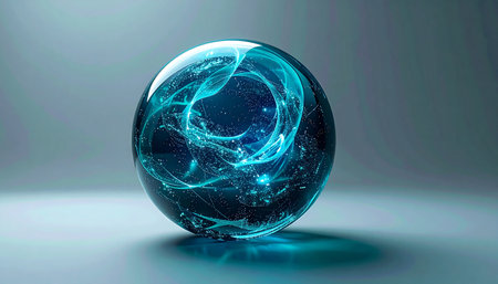 A single, luminous orb rests on a smooth surface, its glass-like exterior containing a universe of swirling blue and turquoise energy. This mystical object glows with an inner light, suggesting concepts of future technology, magical power, or the vast, untapped potential of cosmic discovery.の素材