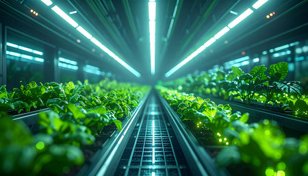 Rows of vibrant green lettuce flourish under the glow of advanced LED lights in a state-of-the-art vertical farm. This image captures the intersection of technology and agriculture, representing a sustainable solution for future food production and urban farming innovation.の素材