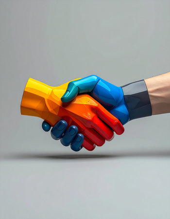 A symbolic handshake marks a pivotal agreement between humanity and artificial intelligence. A colorful, creative robotic hand meets a human one, representing a future built on collaboration, technological innovation, and the powerful synergy of man and machine.の素材
