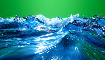 Powerful blue waves crash and churn in a dynamic display of aquatic energy. Isolated on a green screen background, this realistic water simulation is perfect for seamless compositing in visual effects, motion graphics, and creative video projects.の素材