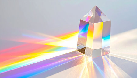 A single beam of white light enters a crystal prism, revealing its hidden secrets as it splits into a vibrant, beautiful rainbow. This display of light dispersion demonstrates the principles of physics and optics, symbolizing clarity, discovery, and the beauty found in diversity.の素材
