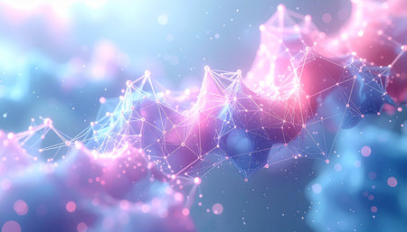 A luminous digital cloud floats in a pastel nebula, its crystalline forms interconnected by a glowing plexus of data. This represents the flow of information through a futuristic network, symbolizing innovation, connectivity, and the boundless potential of technology.の素材