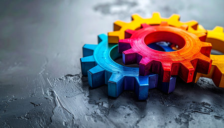 Vibrant, multi-colored gears interlock seamlessly on a dark, textured surface, symbolizing the power of collaboration and innovation. Each cog represents a unique part of a team working in perfect harmony to drive progress and achieve a common goal. This image is a powerful metaphor for synergy, strategy, and successful business processes.の素材