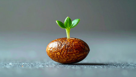 Against a simple, clean background, a single seed bursts forth with new life. A tiny green sprout reaches upward, symbolizing the powerful start of a new journey, the birth of an idea, or the first step towards significant growth and future potential.の素材
