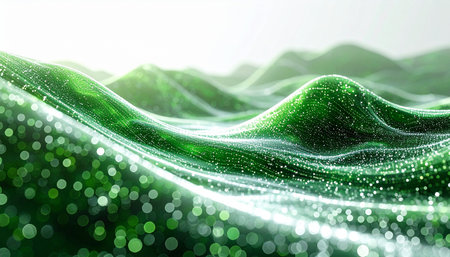 A vibrant stream of glowing green particles flows over a dynamic digital landscape, representing the seamless movement of data and energy. This abstract visualization evokes concepts of technological innovation, sustainable growth, and the interconnectedness of future networks.の素材