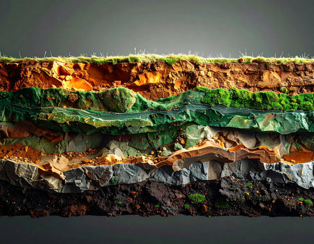 A detailed cross-section reveals the hidden world beneath the surface, showcasing a rich tapestry of geological layers. Each stratum of soil, rock, and organic matter tells a story of time, environment, and the complex history of the earth.の素材