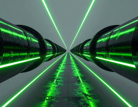 Step into a high-tech digital corridor where streams of green laser light pulse with energy. The symmetrical design and reflective surfaces create an infinite perspective, symbolizing the rapid transfer of data, future innovation, and the endless possibilities of cyberspace.の素材