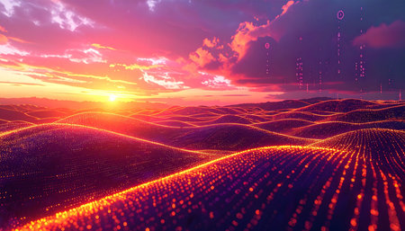 A vibrant sunset casts a warm glow over a vast, futuristic landscape made of flowing data points. This abstract terrain of interconnected lights symbolizes the endless stream of information, global networks, and the dawn of a new technological era.の素材