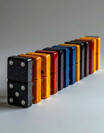 A vibrant, colorful line of dominoes stands in perfect formation, poised for action. This image captures the tense moment just before a chain reaction begins, symbolizing concepts of strategy, cause and effect, and the interconnectedness of actions.の素材