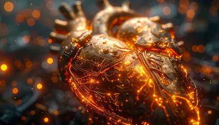 In a glimpse of the future, a bionic heart pulses with a vibrant, digital life force. Its golden, mechanical structure is interwoven with glowing circuits, symbolizing the powerful fusion of advanced technology and the very essence of life, passion, and artificial intelligence.の素材