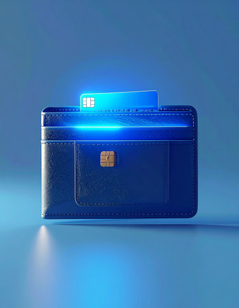 A glowing credit card emerges from a sleek wallet, symbolizing the future of digital finance. This conceptual image represents secure, contactless transactions, fintech innovation, and the seamless integration of technology into modern banking and e-commerce.の素材