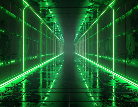 Step into a futuristic dimension through this endless corridor of glowing green neon. The reflective floor mirrors the vibrant light, creating an immersive and mysterious journey into the heart of cyberspace, perfect for concepts of technology, data, and virtual reality.の素材