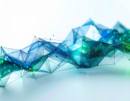 A dynamic wave of interconnected nodes and lines flows across a clean white background, representing the complex and beautiful structure of data, communication, and future technology. This visual metaphor captures the essence of innovation, progress, and the seamless flow of information in the digital age.の素材