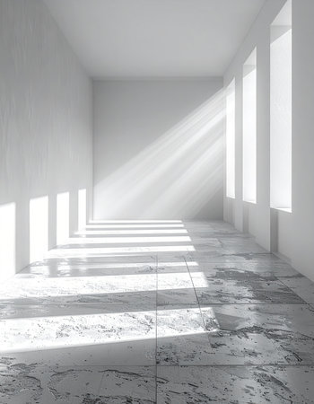 Sunlight streams through a series of high windows, casting long, dramatic shadows across the textured floor of an empty white corridor. The minimalist architectural space evokes a sense of tranquility, possibility, and the quiet passage of time, perfect for concepts of future, hope, or solitude.の素材