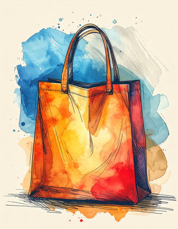 A vibrant splash of color brings this stylish tote bag to life. Rendered in a loose, expressive watercolor and ink style, this illustration captures the essence of creative fashion and sustainable living. Perfect for designs related to art, shopping, and personal expression.の素材