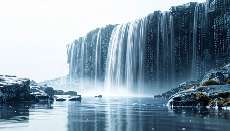A majestic waterfall tumbles over a wide, rocky cliff, its powerful flow captured in a silky smooth cascade. The serene pool below reflects the cool, tranquil light, creating a scene of natural power and peaceful solitude.の素材