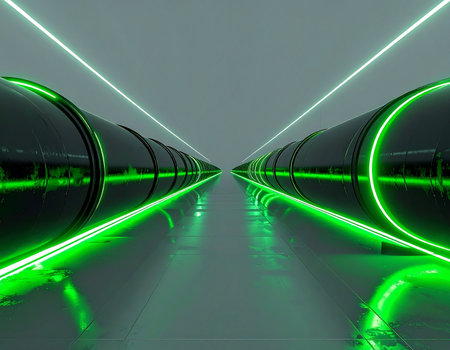 Journey through a high-speed digital conduit where data flows like energy. Glowing green neon lights illuminate the path forward in this futuristic pipeline, symbolizing rapid technological advancement, connectivity, and the endless stream of information in cyberspace.の素材