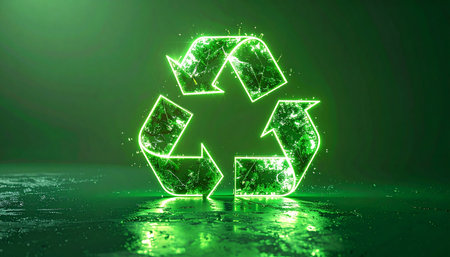 A luminous green recycling symbol emerges from a dark, reflective surface, its digital structure glowing with the promise of a sustainable future. This image represents the fusion of technology and environmental responsibility, symbolizing innovative solutions for a cleaner, circular economy.の素材