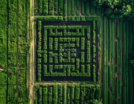 From high above, the complex, winding paths of a hedge maze create a striking geometric pattern. This labyrinth offers a powerful symbol for lifes challenges, strategic thinking, and the adventure of finding ones way through complexity.の素材