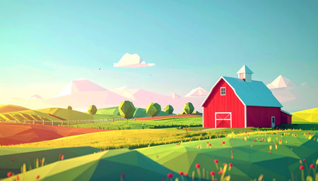 A classic red barn stands proudly amidst a vibrant, low-poly landscape of rolling green and golden hills. The warm light of sunrise casts a peaceful glow over the scene, evoking a sense of tranquility, simplicity, and the idyllic charm of rural life in a modern, stylized world.の素材