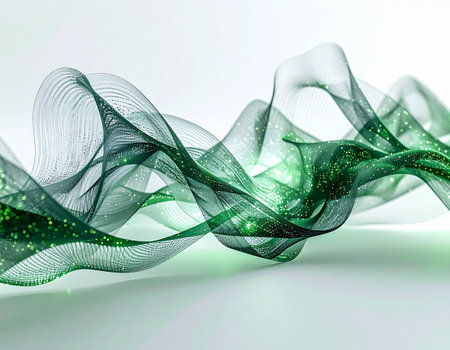 A graceful, semi-transparent green waveform undulates across a clean, light background. Its intricate mesh-like structure, dotted with subtle sparkles, suggests a flow of digital data, clean energy, or a futuristic concept, evoking a sense of calm innovation and sophisticated technology.の素材