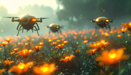In a not-so-distant future, autonomous robotic bees with glowing orange optics diligently pollinate a surreal field of bio-luminescent flowers. This scene captures the harmony of technology working with nature to preserve the ecosystem, representing innovation and environmental solutions.の素材