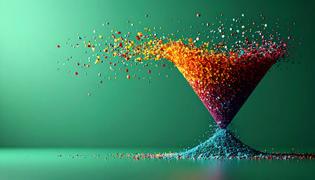 A vibrant explosion of colorful particles converges into a dynamic funnel, illustrating the process of transformation and data filtering. This abstract visual represents the flow of complex information being simplified into a single, focused outcome, perfect for concepts of innovation, marketing strategy, and technological advancement.の素材