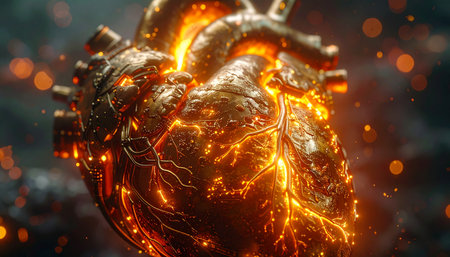 The core of a futuristic machine pulses with fiery, untamed energy. This bio-mechanical heart, a fusion of technology and raw life force, glows with intense heat and light, symbolizing immense power, passion, and the relentless drive of innovation.の素材