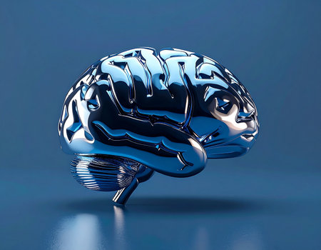 A highly detailed 3D rendering of a metallic brain, gleaming with a cool blue light. This powerful image represents the intersection of human intelligence and artificial intelligence, symbolizing concepts like advanced technology, future innovation, data processing, and the evolution of consciousness.の素材