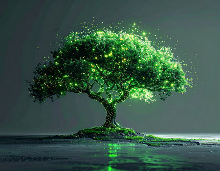 In a serene, dark landscape, a magnificent tree glows with an ethereal green light, its leaves sparkling like digital constellations. This tree represents the convergence of nature and technology, a symbol of sustainable innovation, data growth, and the interconnected network of life. Its reflection shimmers on the calm surface below, suggesting a deep well of knowledge and future possibilities.の素材