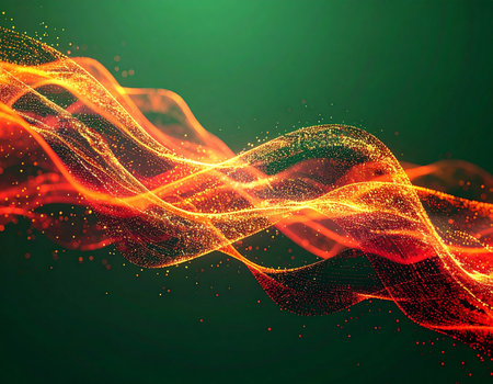 A vibrant stream of fiery energy and glowing particles flows gracefully across a deep green backdrop. This dynamic visual represents the flow of data, the spark of innovation, or a magical force, conveying concepts of power, speed, and futuristic technology.の素材