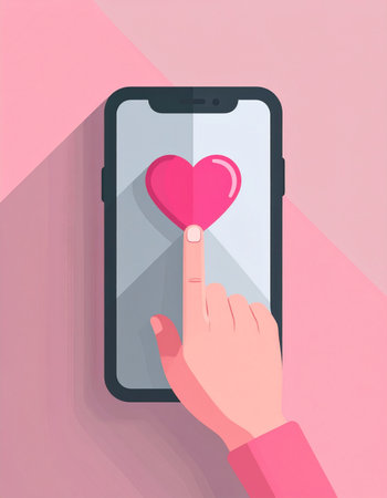 A users finger gently taps a glowing heart icon on a smartphone screen, sending a digital sign of affection or approval. This flat design illustration captures the essence of modern communication, social media engagement, and online dating in a clean, minimalist style.の素材